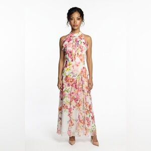 Betsy & Adam Pink Floral Halter  Maxi Dress